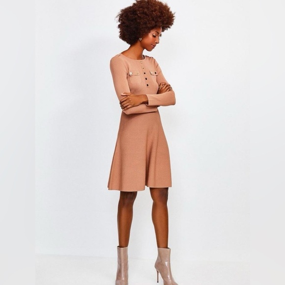 Karen Millen Dresses & Skirts - NEW Karen Millen Gold Button A Line Knitted Dress Camel Medium